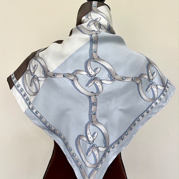 New Gucci Logo Chains Color-Block Brown Blue Silk Scarf - Picture 4 of 12